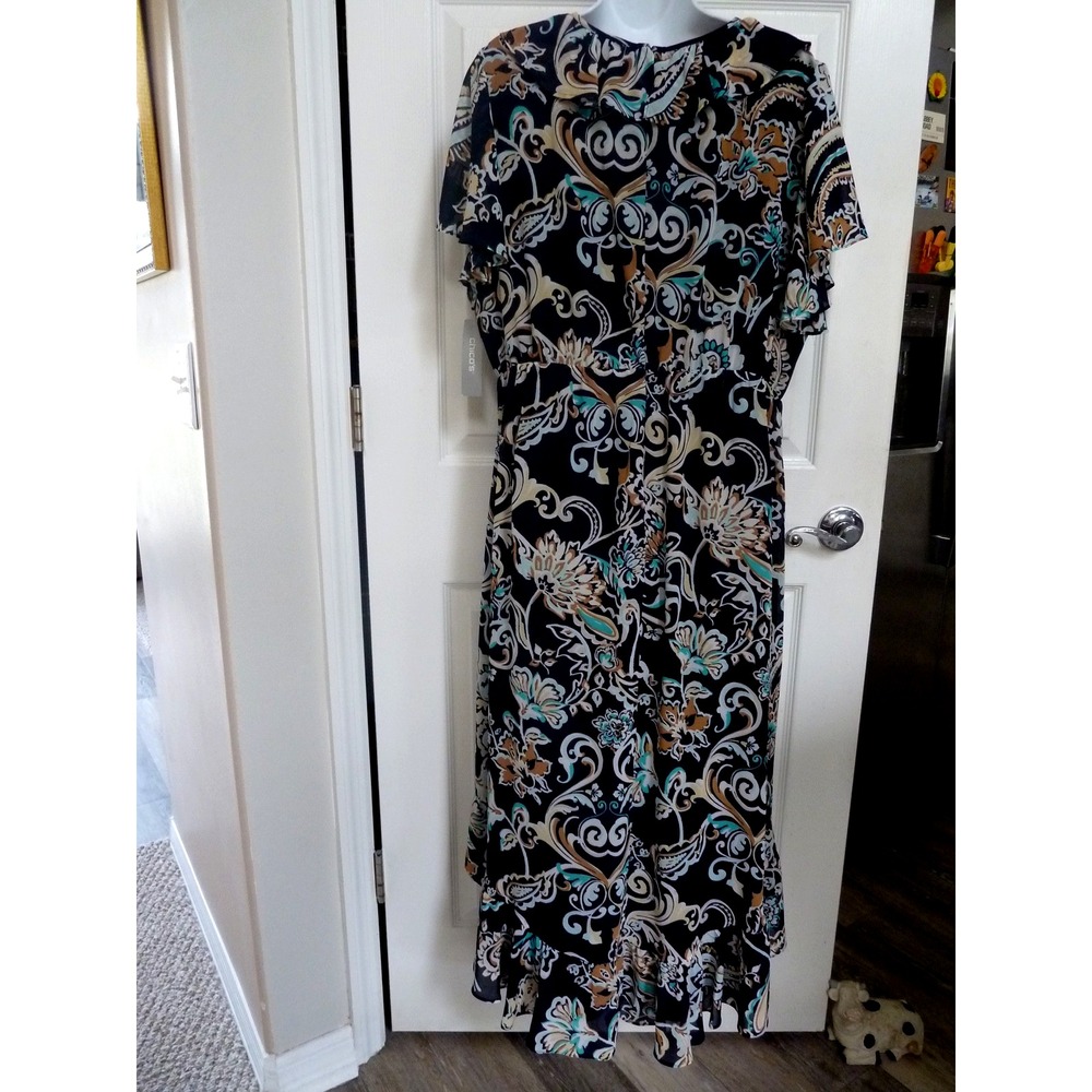 NWT CHICO'S Sz 3=16, XL Midi Dress Ruffle Wrap Paisley Professional Career $179. - Picture 6 of 9